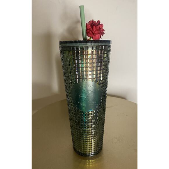 Starbucks 2022 Fall Green Aqua Grid Rainforest Venti Cold Cup Tumbler 24oz - New - Picture 1 of 3